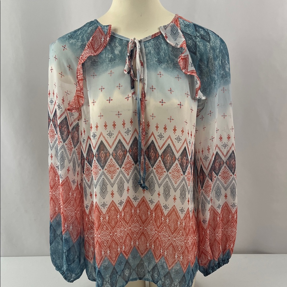 BCBGMaxAzria Red White Blue Aztec Holiday Ruffled Sheer Boho Festival Size Small